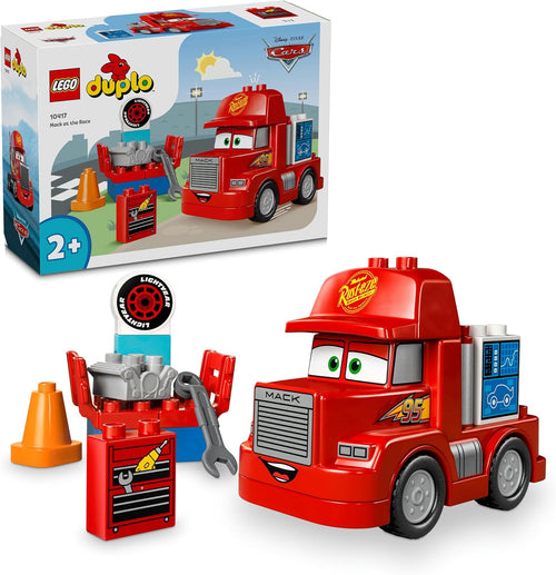 Large-brick car hauler truck at a race track scene