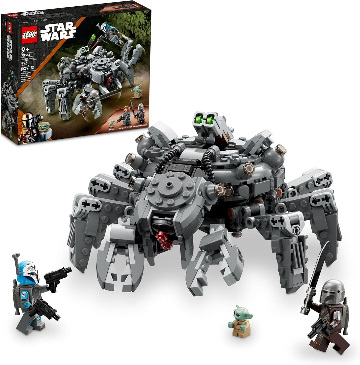 Gray multi-legged sci-fi walker mech built from bricks, claws holding a minifigure, armored figures nearby
