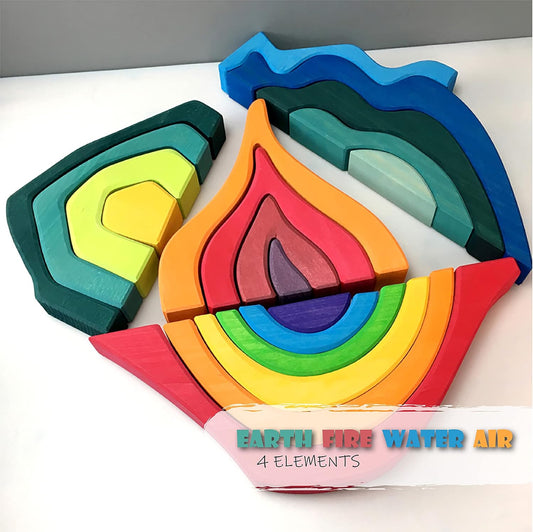 Colorful wooden rainbow, wave, flame and cave puzzle blocks