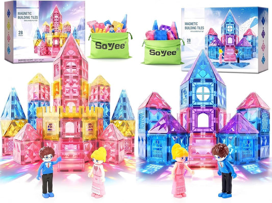 Pastel magnetic tile princess castle with diamond windows, stairs and two small dolls