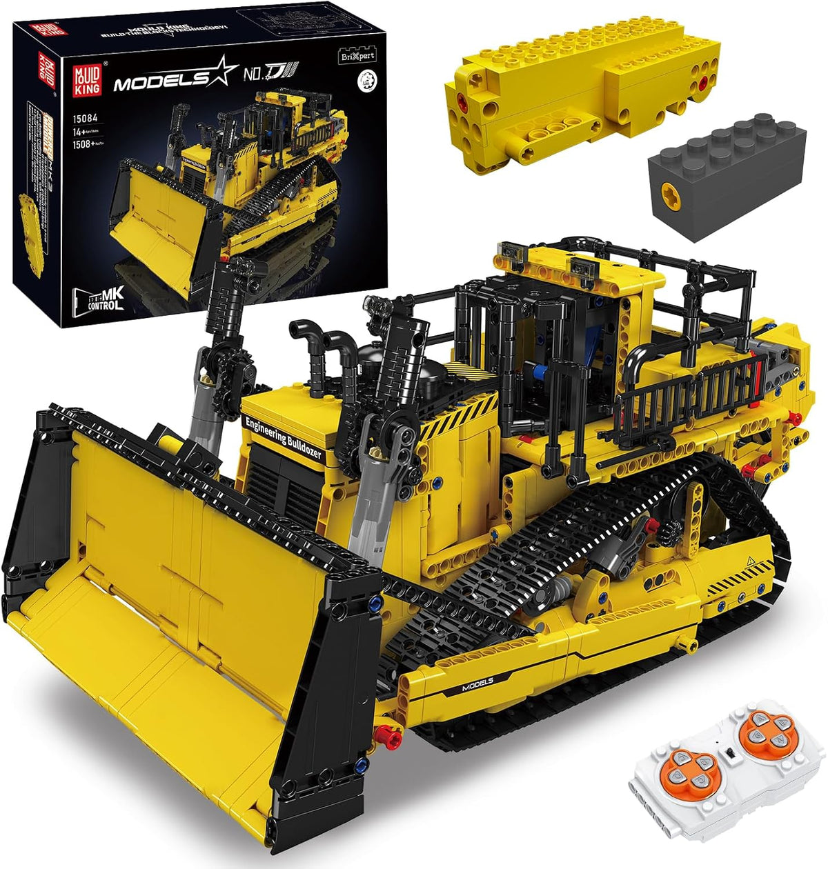 Yellow brick bulldozer with front blade and tracks