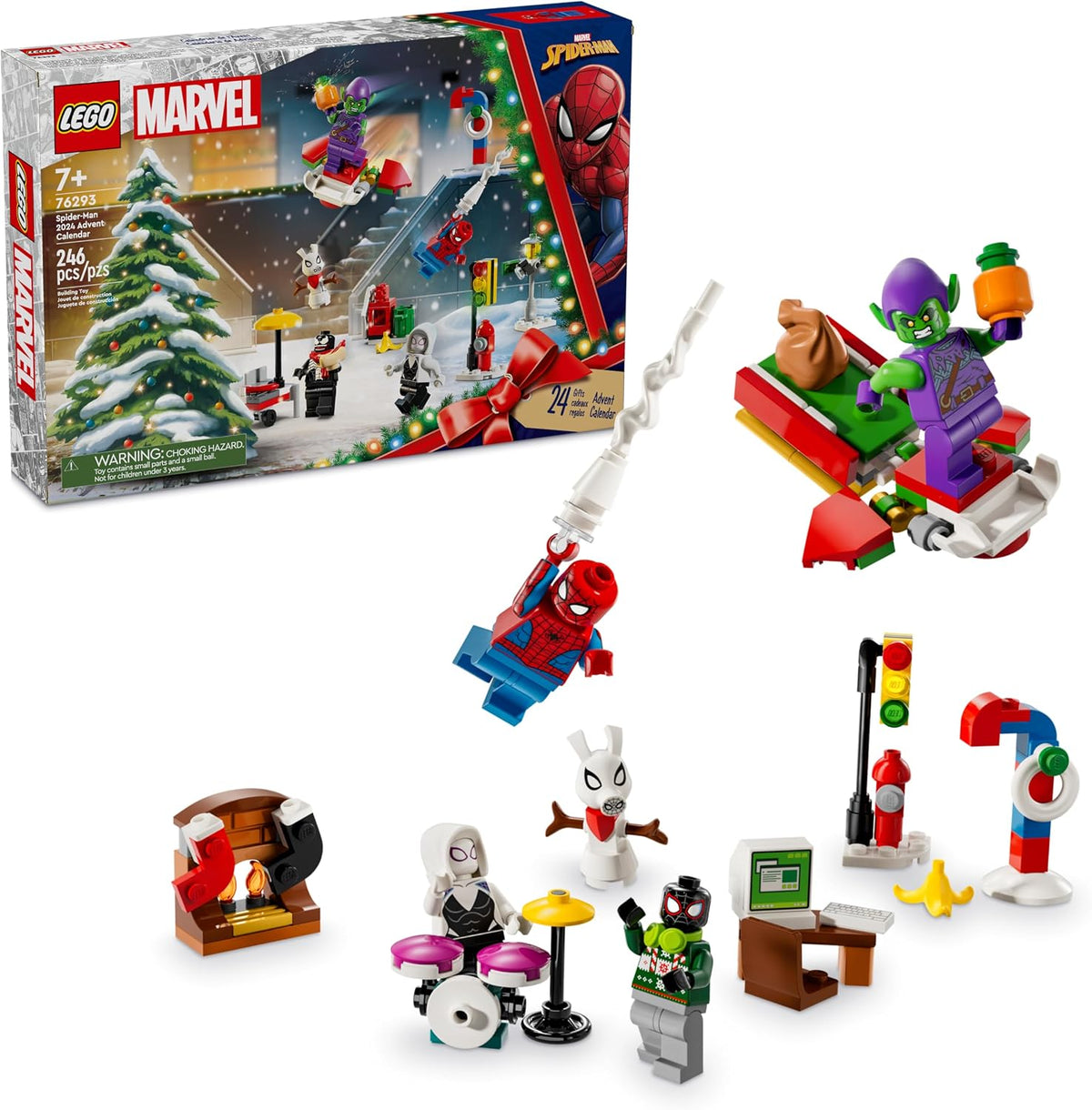 Superhero holiday advent calendar box with open doors and mini brick builds