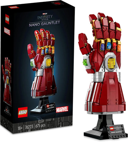 Large red and gold brick robot suit with open cockpit and four small figures – view 2
