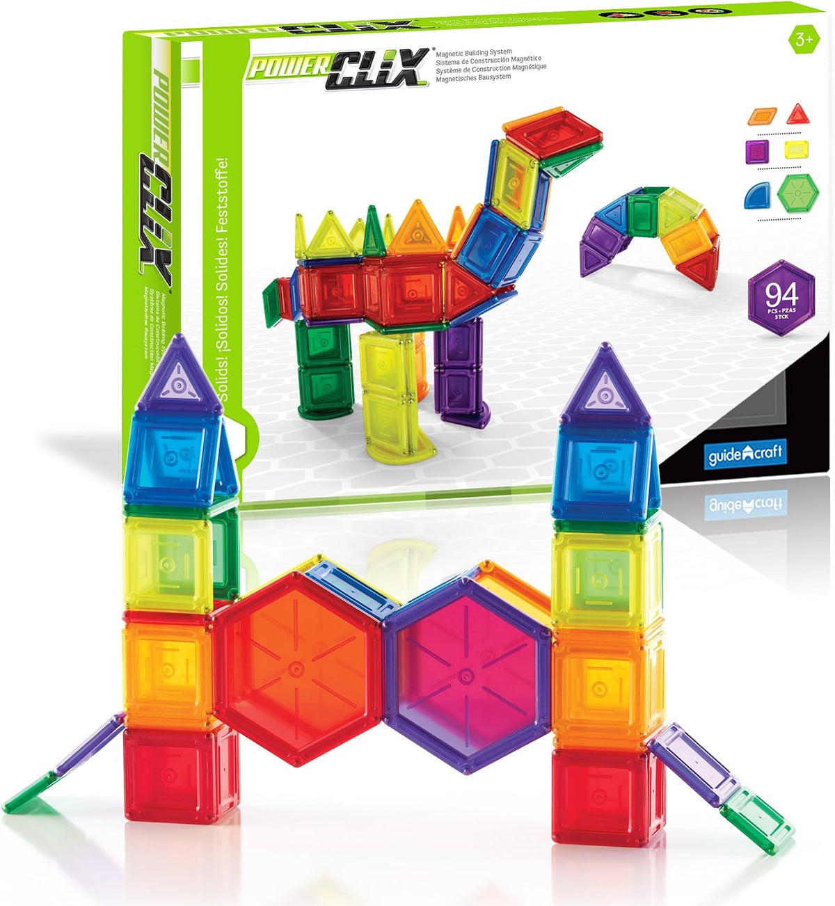 Colorful magnetic solid shape blocks built into a tower – view 2