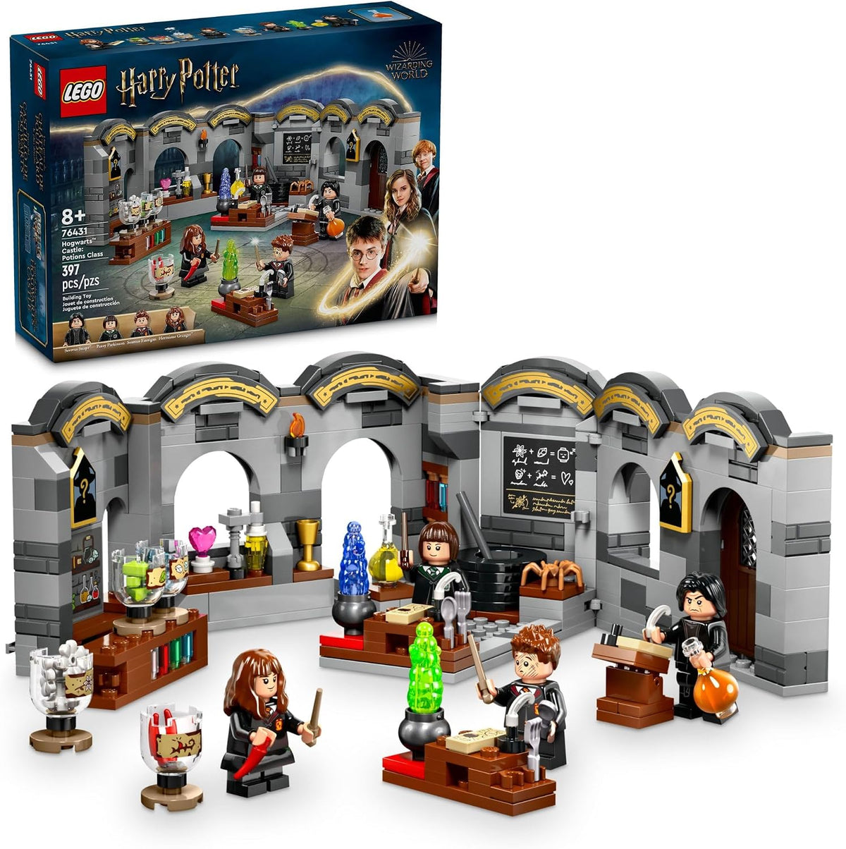 Brick-built stone dungeon classroom with a bubbling cauldron, shelves of potions and figures