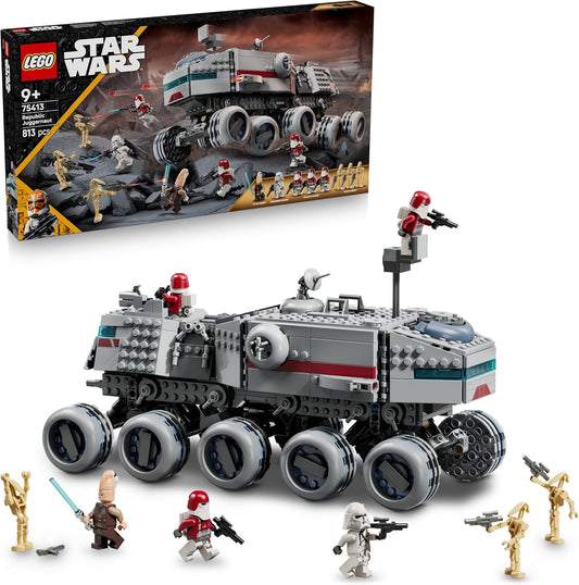 Tall 10-wheel armored space transport brick vehicle with turret and figures