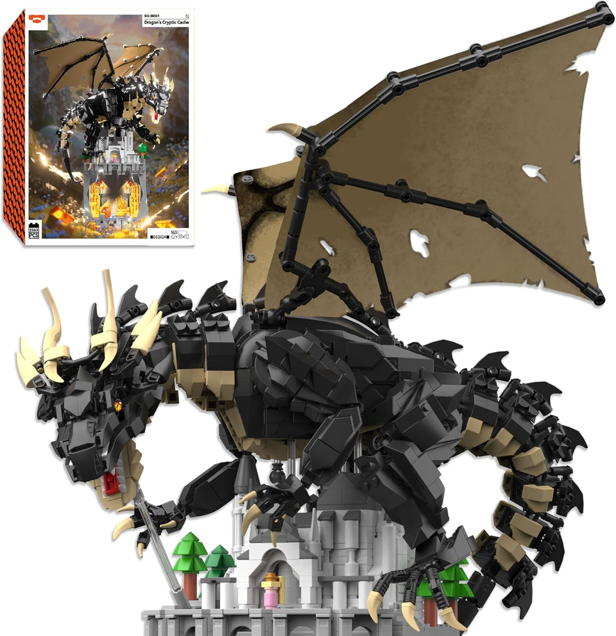 Brick-built sea dragon rising from waves beside a ship above a sunken temple – view 3