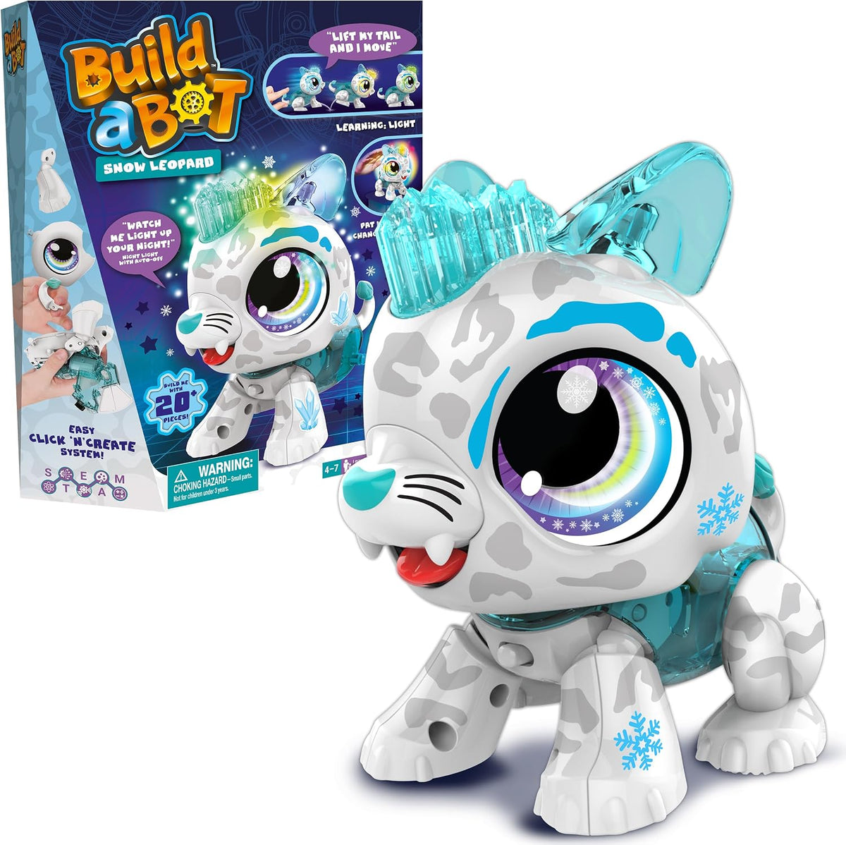 White and gray snap-together snow leopard robot toy with visible gears