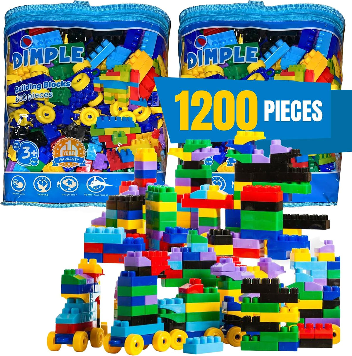 Pile of large multi-colored interlocking toddler blocks built into a house and car – view 3