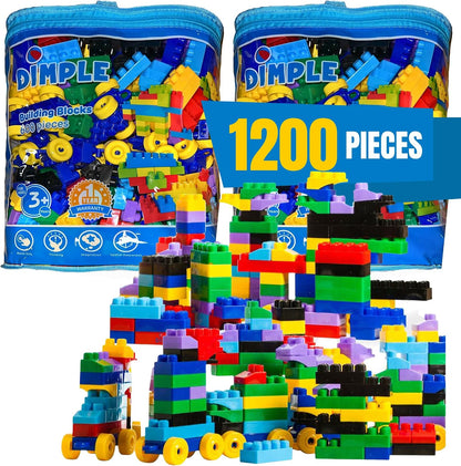 Pile of large multi-colored interlocking toddler blocks built into a house and car – view 3