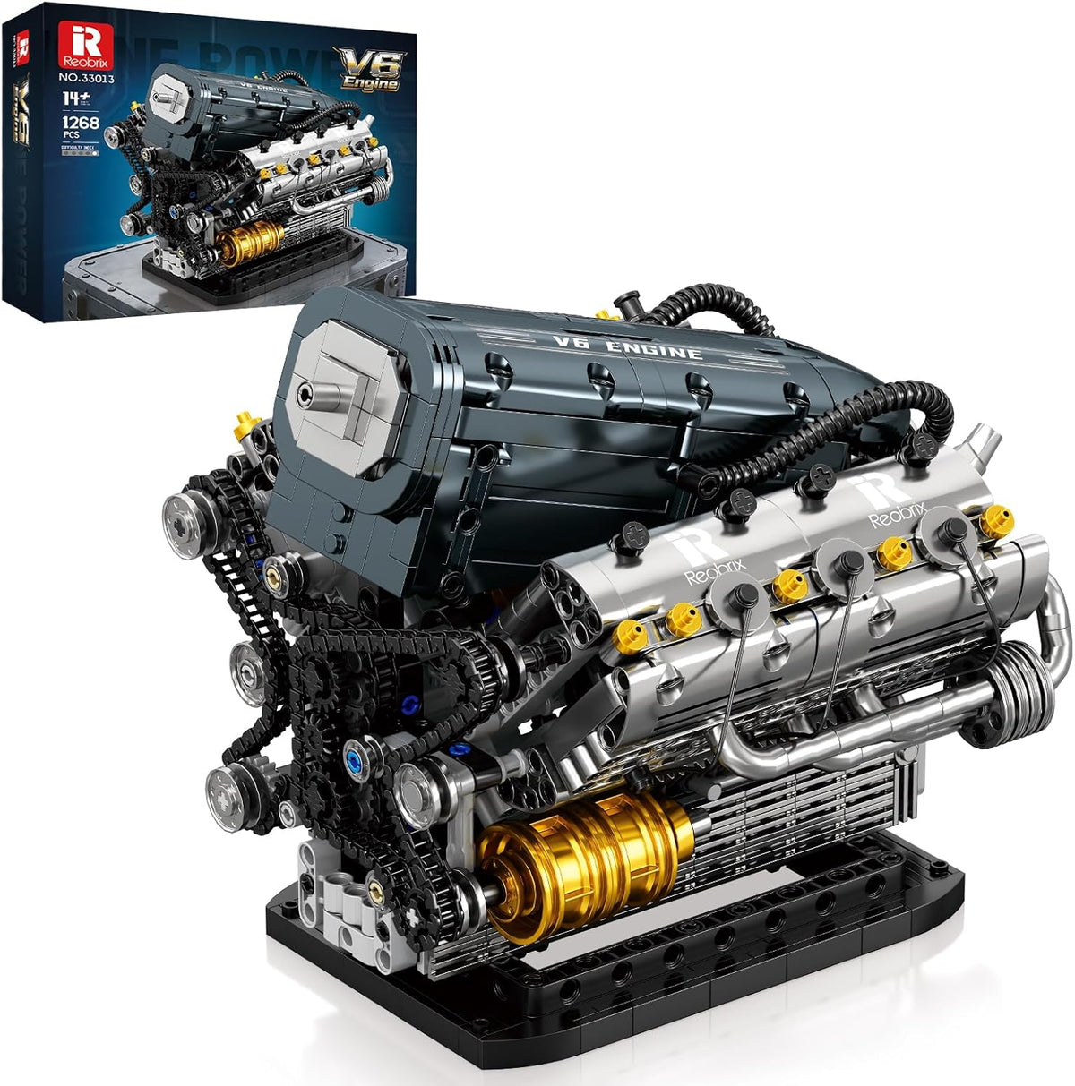 Brick-built V6 engine model with visible cylinders and crankshaft details