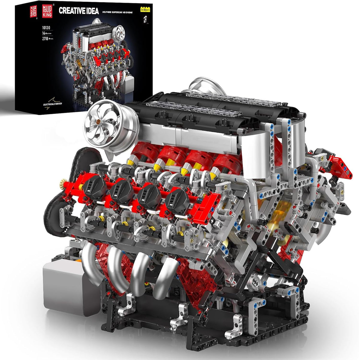 Motorized V8 engine brick model with visible pistons and gear lever