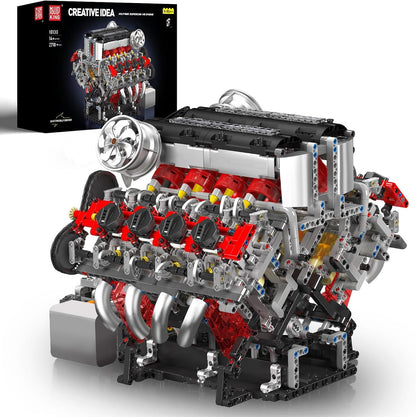 Motorized V8 engine brick model with visible pistons and gear lever