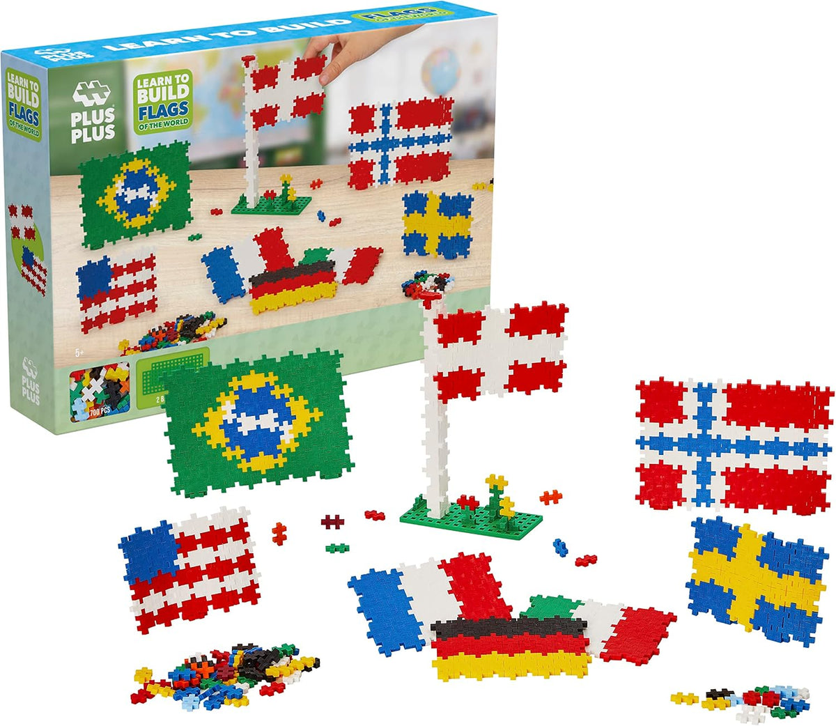Colorful world flags built from small interlocking building pieces