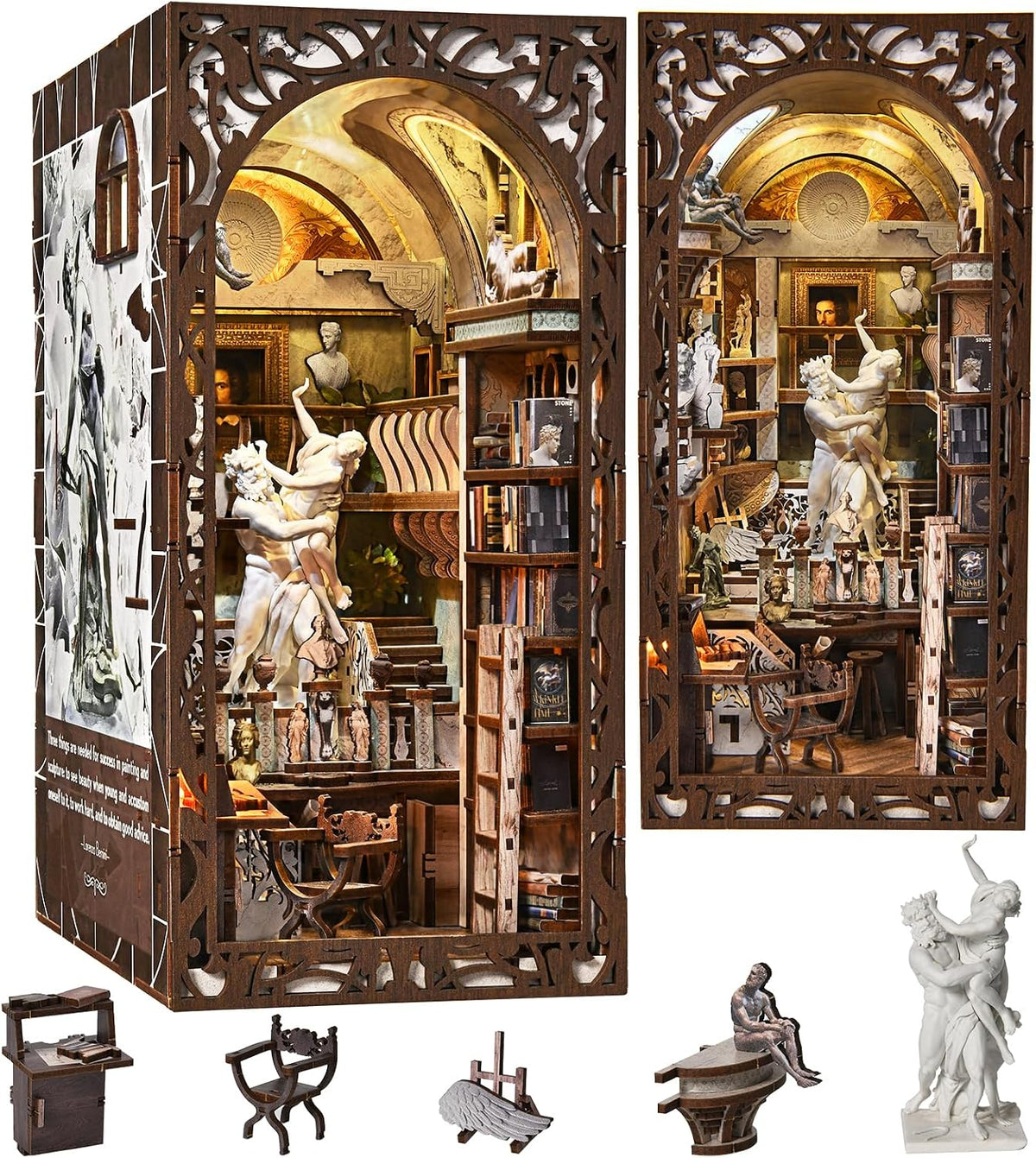 Lit fantasy castle book nook diorama standing between books on a shelf – view 7