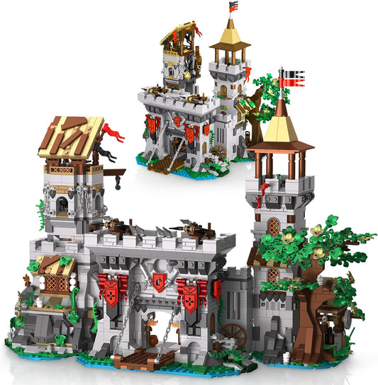 Brick-built medieval knight fortress with watchtower and portcullis