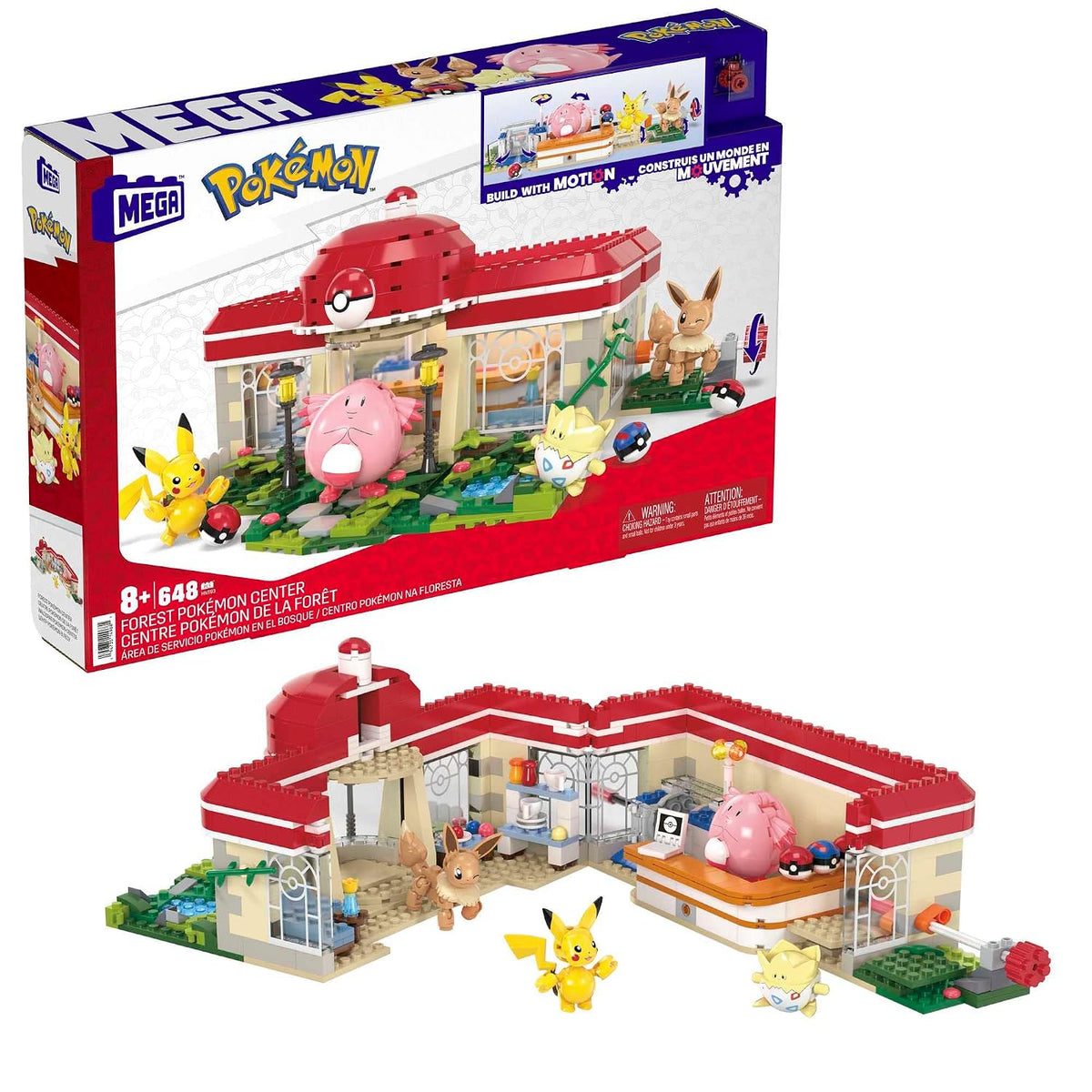 Forest-themed brick healing center with rotating door and four small creature figures