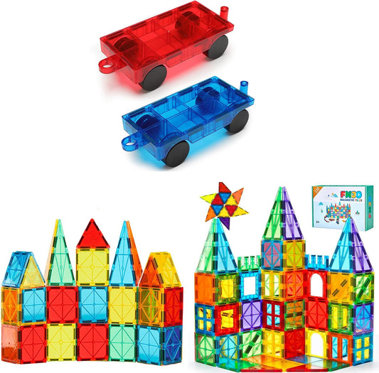 Colorful magnetic tiles built into a garage and ramp with two toy cars