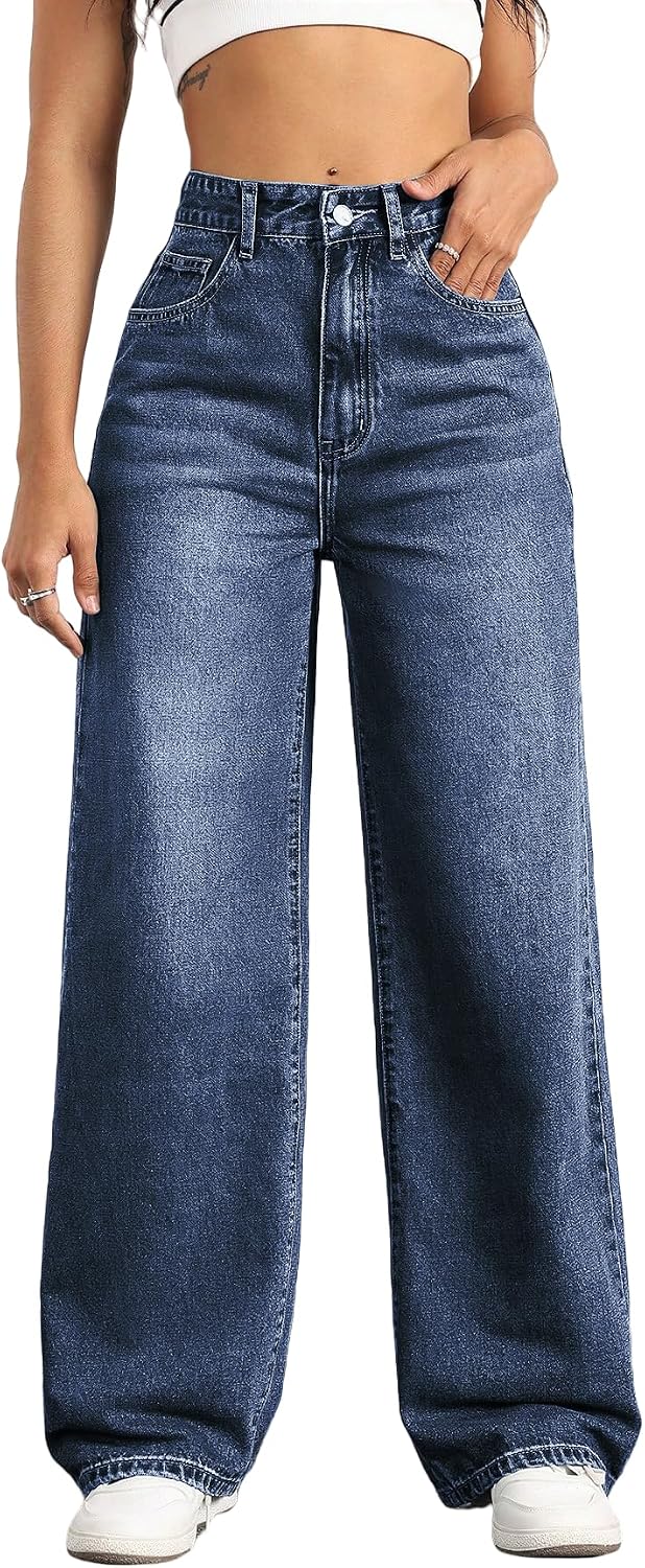 Women's High Rise Straight Leg Jeans - Baggy Boyfriend Denim with Five Pockets for Casual Wear - Apricot