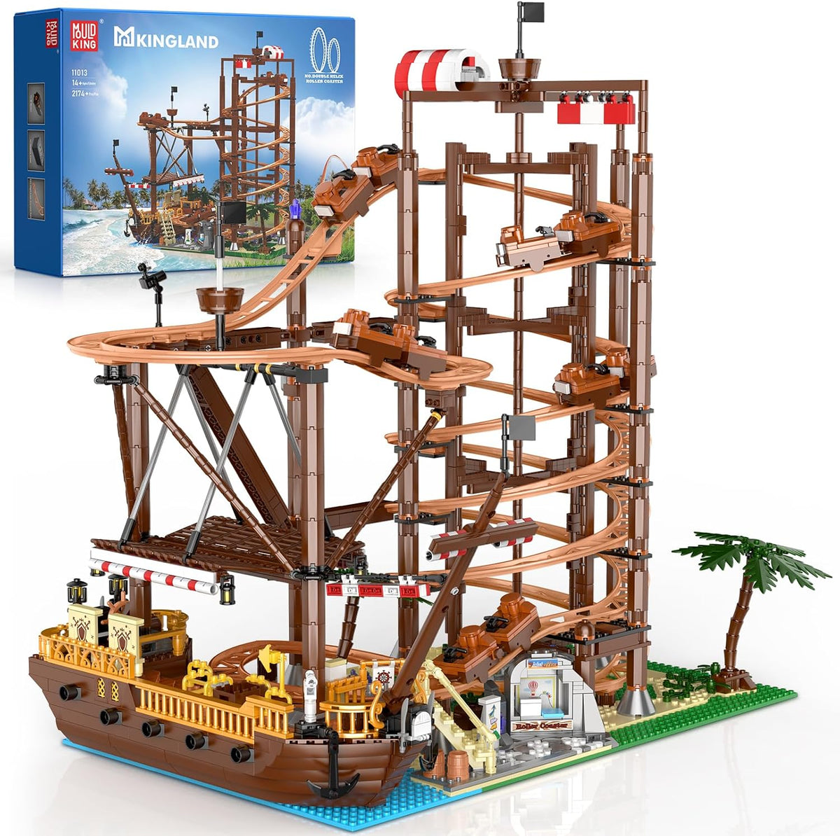 Brick roller coaster with double-helix loop beside a swinging pirate ship ride