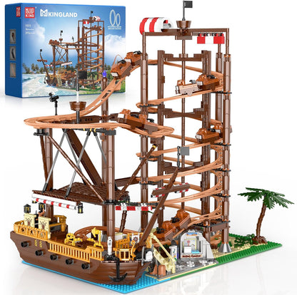 Brick roller coaster with double-helix loop beside a swinging pirate ship ride
