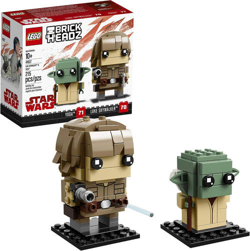 Two blocky brick figures, a space hero and a small green sage, on a display baseplate