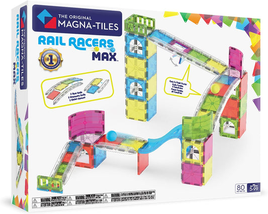 Magnetic tile racing ramp with small racers on the track
