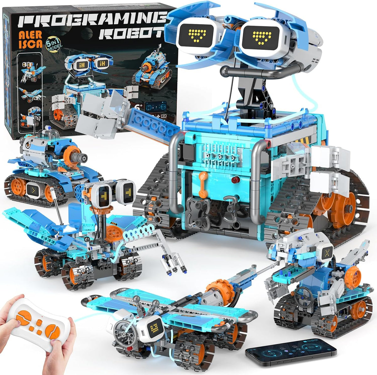 Brick-built dinosaur robot and tank robot with remote control