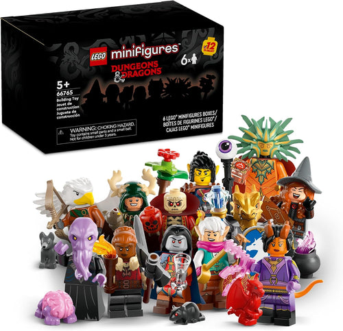 Six fantasy adventurer minifigures with weapons and armor lined up