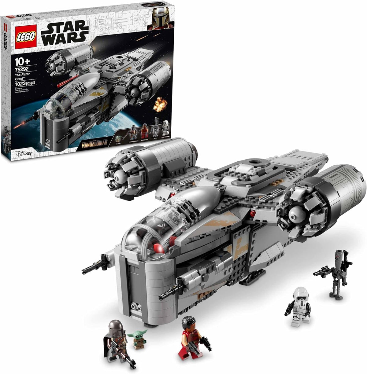 Grey brick-built bounty hunter gunship with open cargo ramps and figures beside it – view 2