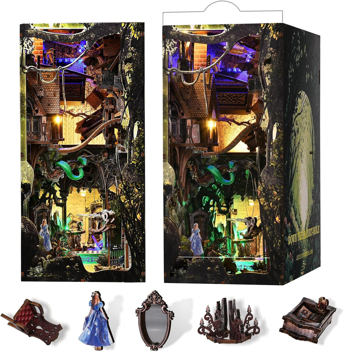 Lit fantasy castle book nook diorama standing between books on a shelf – view 9
