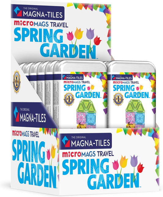 Small pastel magnetic tiles built into a spring garden with bunny figure