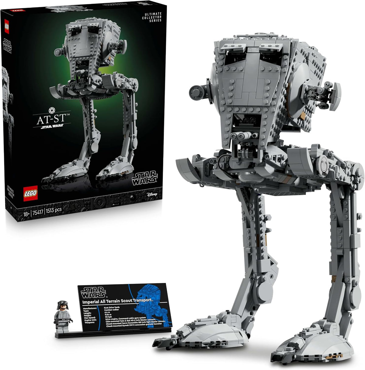 Brick-built tall sci-fi security droid on a display stand – view 2