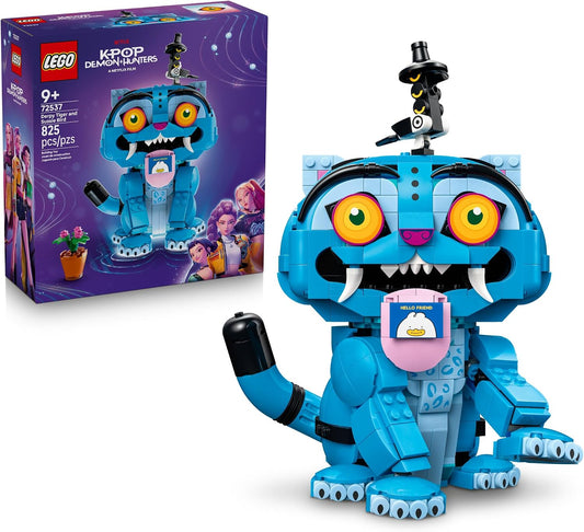 Brick-built blue tiger with a wide smile next to a small bird figure