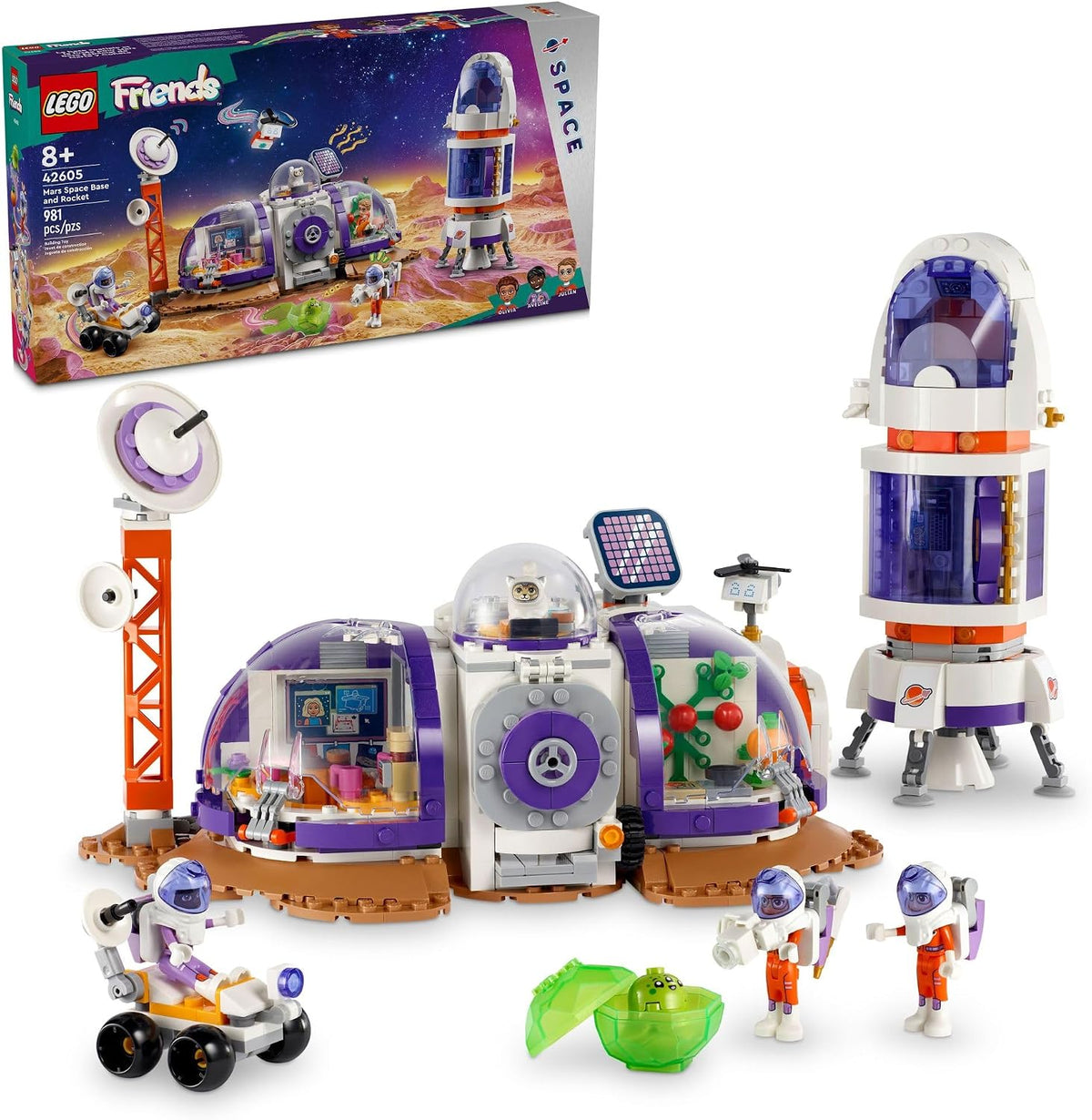 Brick-built Mars research base with rocket, exploration rover, modular pods and three mini-doll astronauts