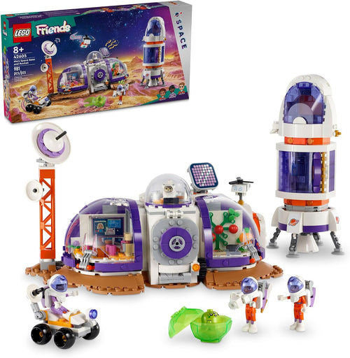 Brick-built Mars research base with rocket, exploration rover, modular pods and three mini-doll astronauts