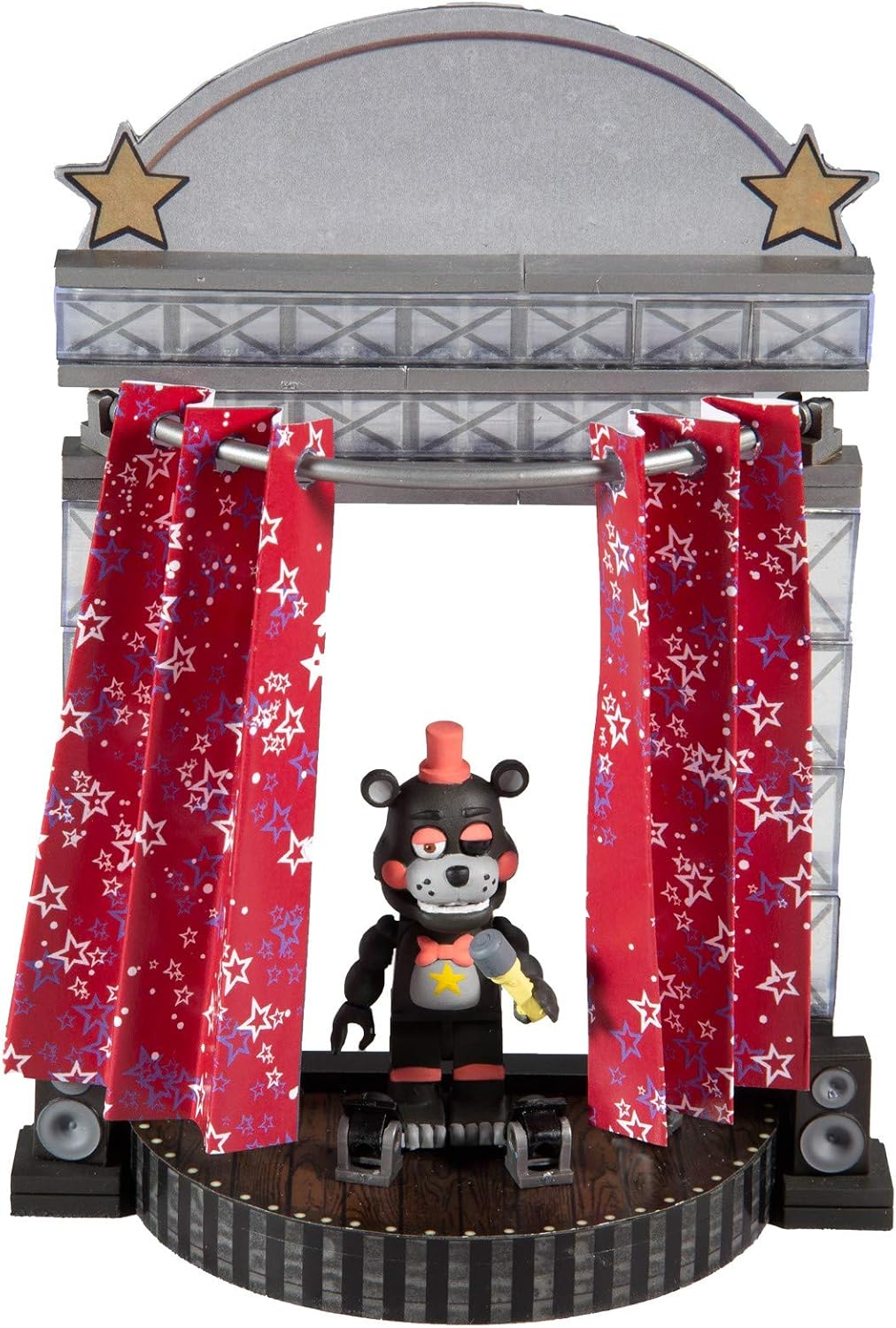 Small brick pizzeria stage with paper curtains and an animatronic figure