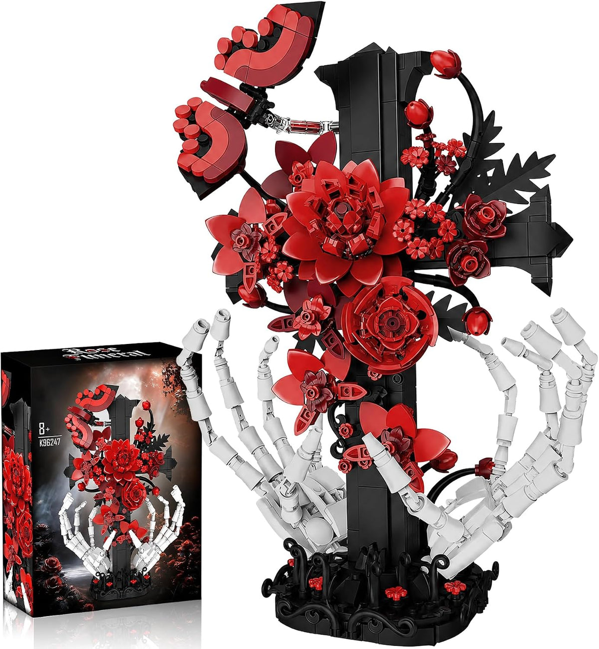 Brick-built black cat with rotatable head next to a rose bouquet in a skull vase – view 2