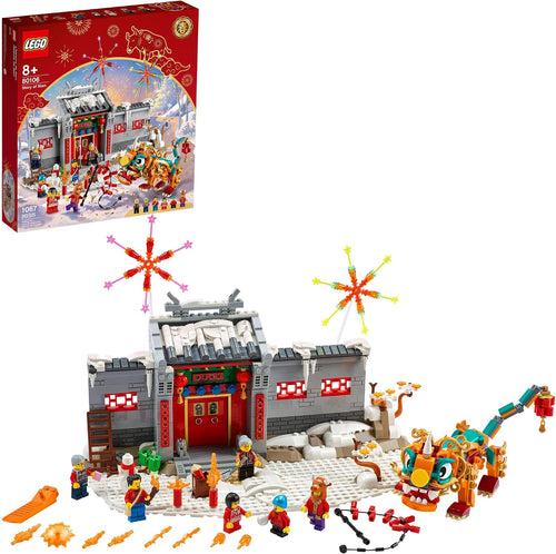 Snowy traditional Asian-style residence brick model with red lanterns and a posable mythical beast