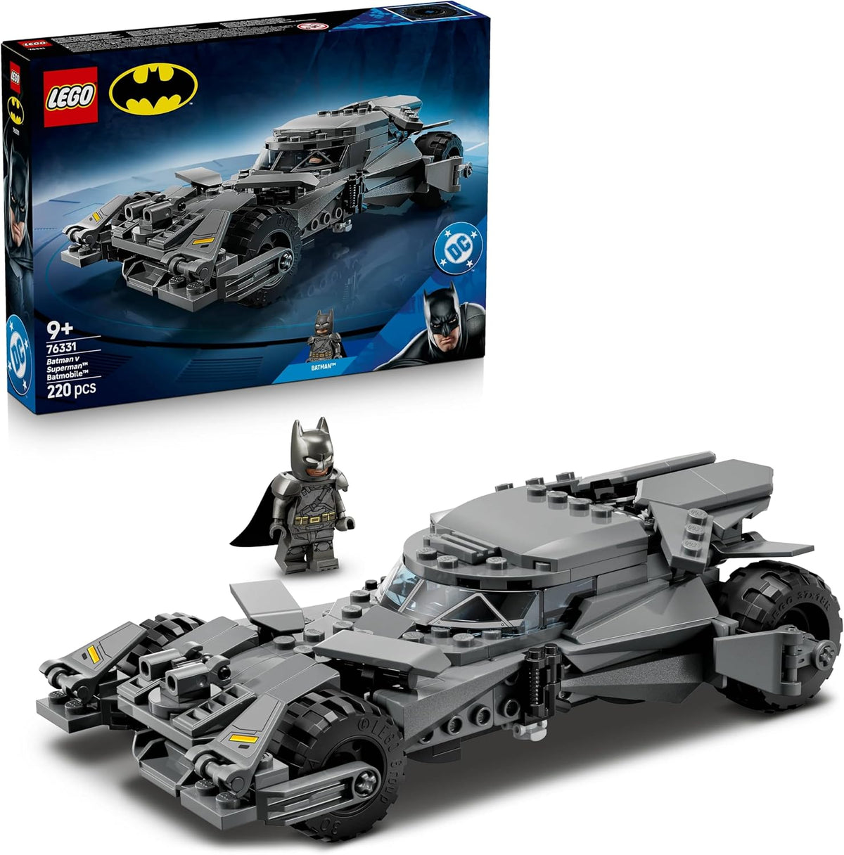 Brick-built armored patrol vehicle with a masked hero figure and spotlight tower – view 4
