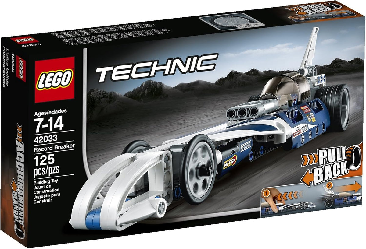 Brick-built blue and white dragster with tinted canopy and rear engine