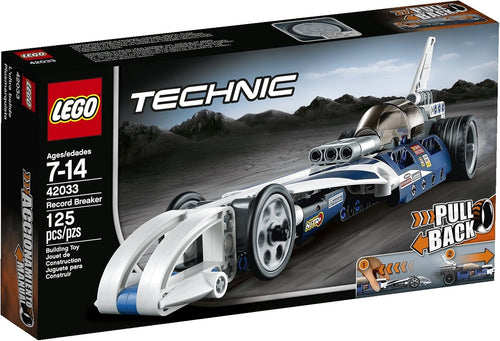 Brick-built blue and white dragster with tinted canopy and rear engine