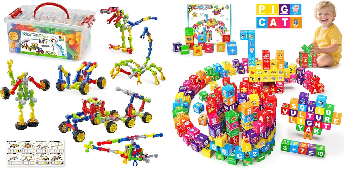 Assorted colorful building toys next to a group of magnetic blocks