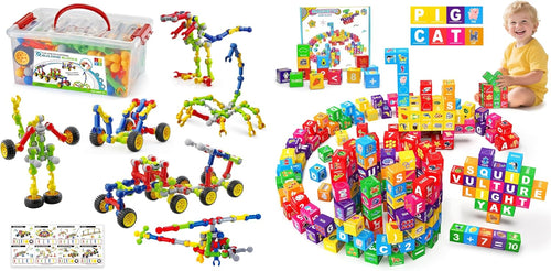 Assorted colorful building toys next to a group of magnetic blocks