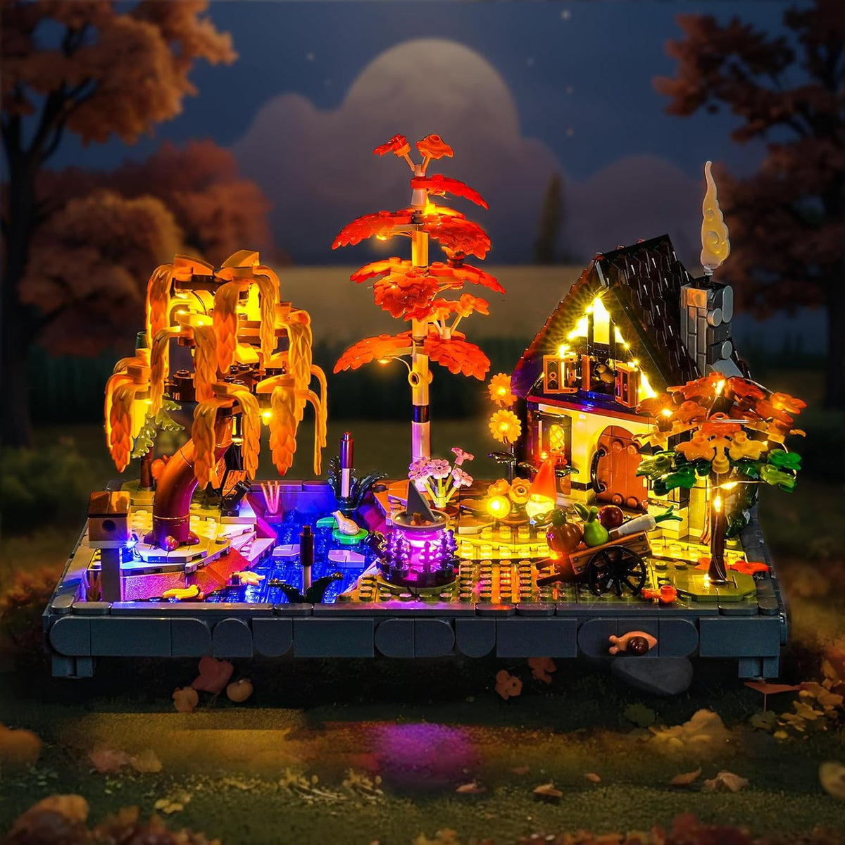 Autumn cottage garden brick model glowing with warm LED lights – view 2