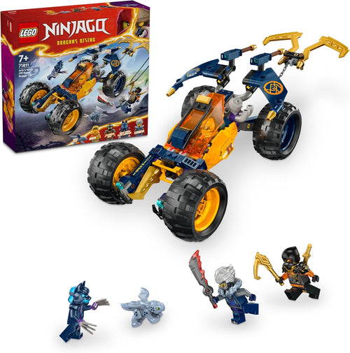 Built ninja off-road terrain buggy brick model with large hook, shooters and ninja minifigures