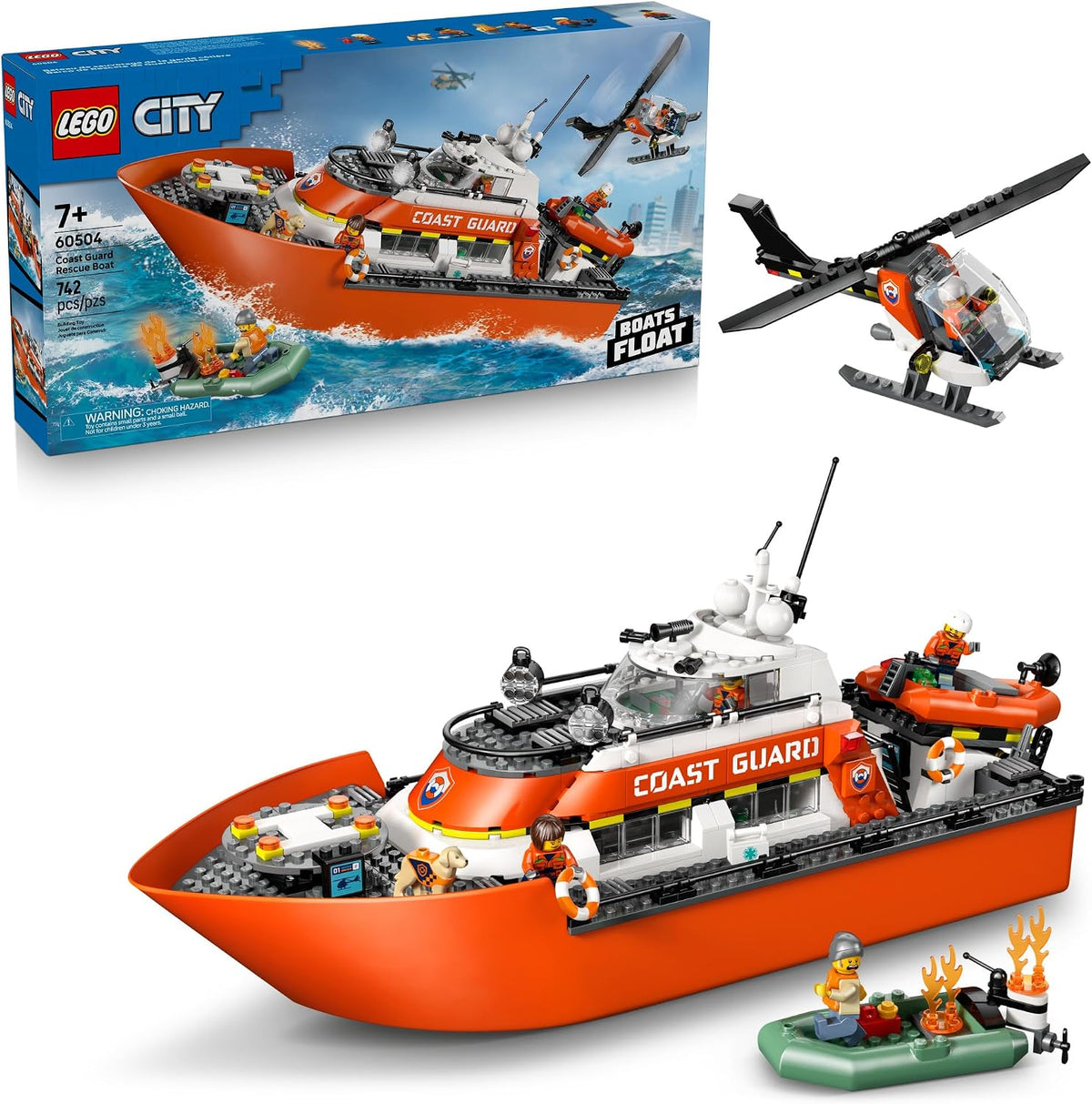 Brick-built red and white coast guard patrol boat with helicopter on its landing pad