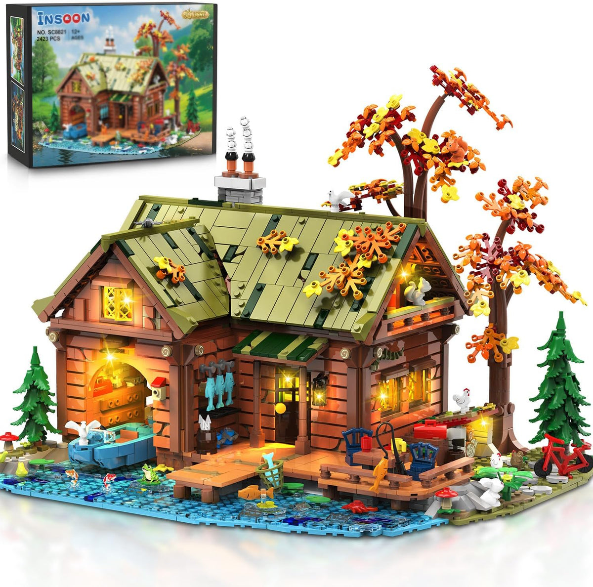 Lit log cabin brick model standing over a light-blue lake