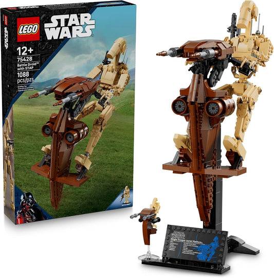 Brick-built robot soldier figure riding a hover speeder on its display stand