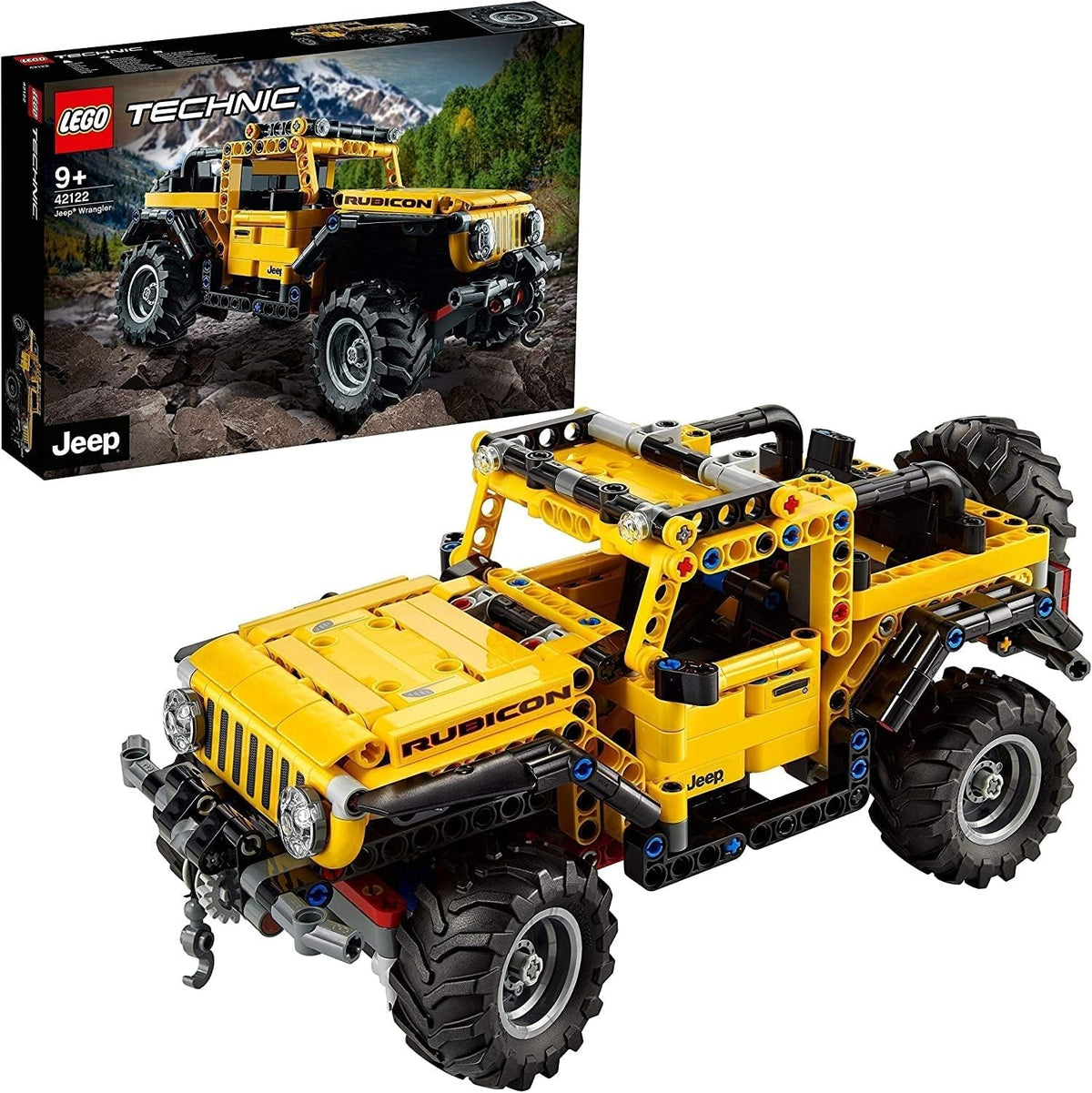 Yellow and black off-road SUV brick model with spare tire and winch, three-quarter view